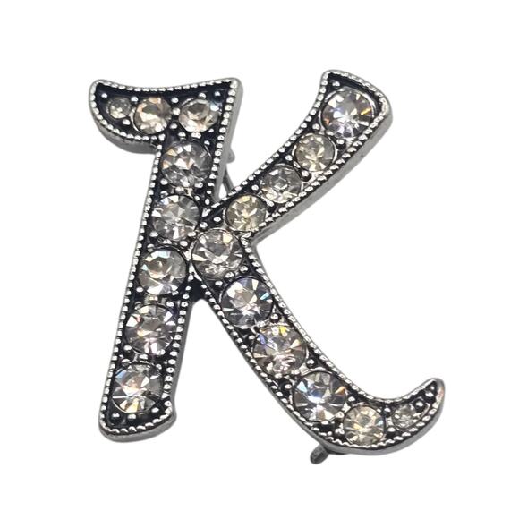 Rhinestone Letter K Initial Brooch Pin Silver Tone Clear Crystal Monogram Gift - Picture 2 of 5